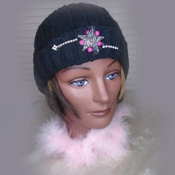 Black Beanie with Star & Rhinestone-Embellished OOAK Acrylic Knit Cap Hat - Picture 2 of 8